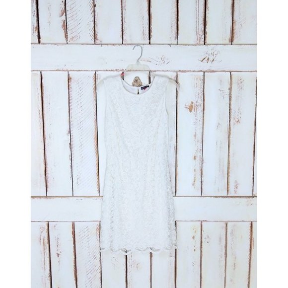 Vintage 90s white / ivory lace sleeveless knee length stretch evening dress - Picture 1 of 4